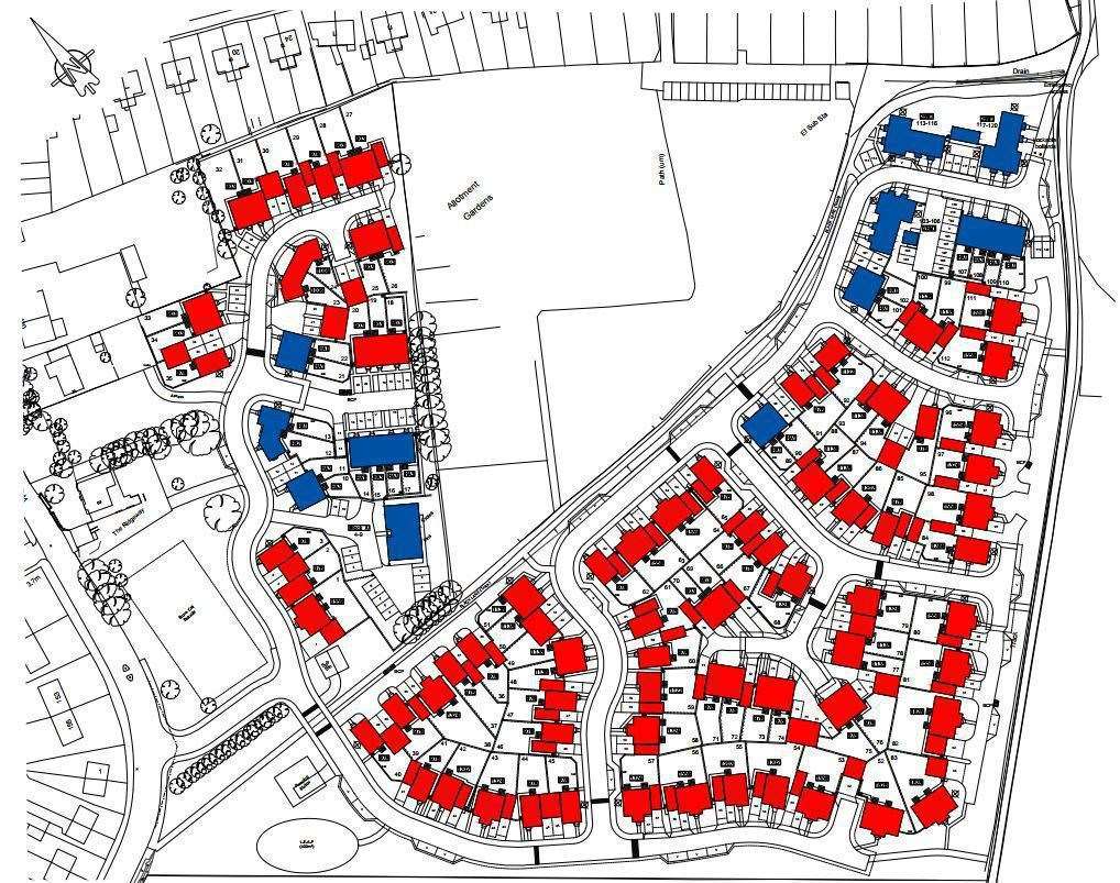 Abbey New Homes' plan for 120 homes off Woodnesborough Road in Sandwich - those in blue represent the 36 proposed affordable homes