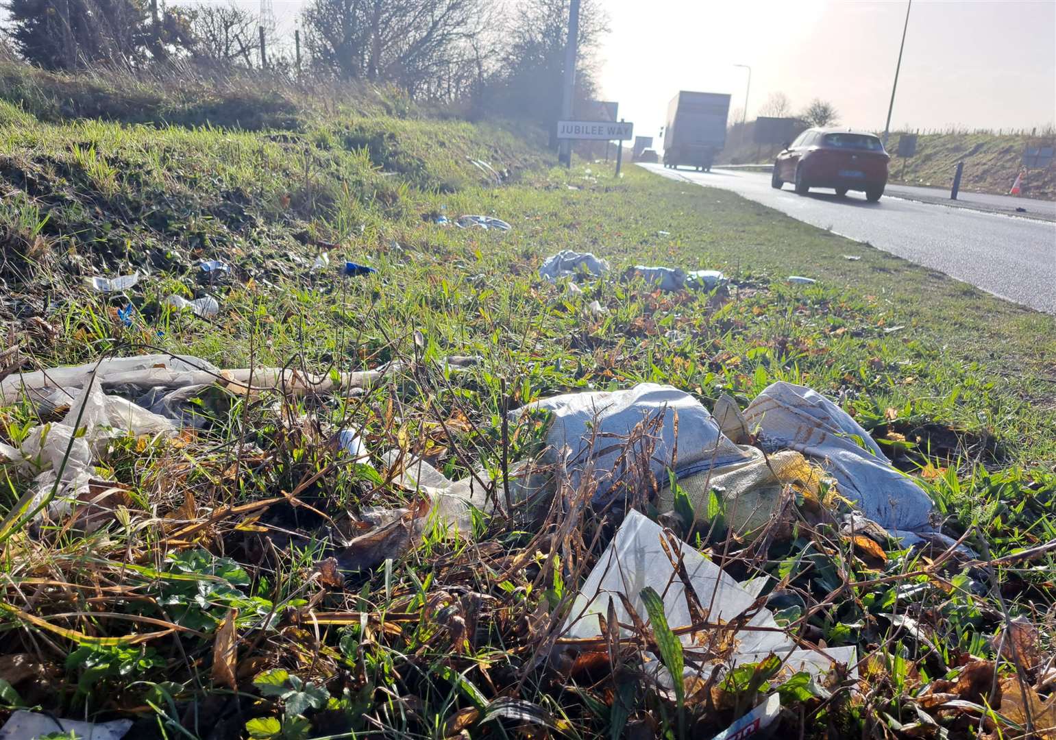 Litter left on the A2 in Dover. It comes as the autumn road-side clear-up was cancelled by Dover District Council as it attempts to save money