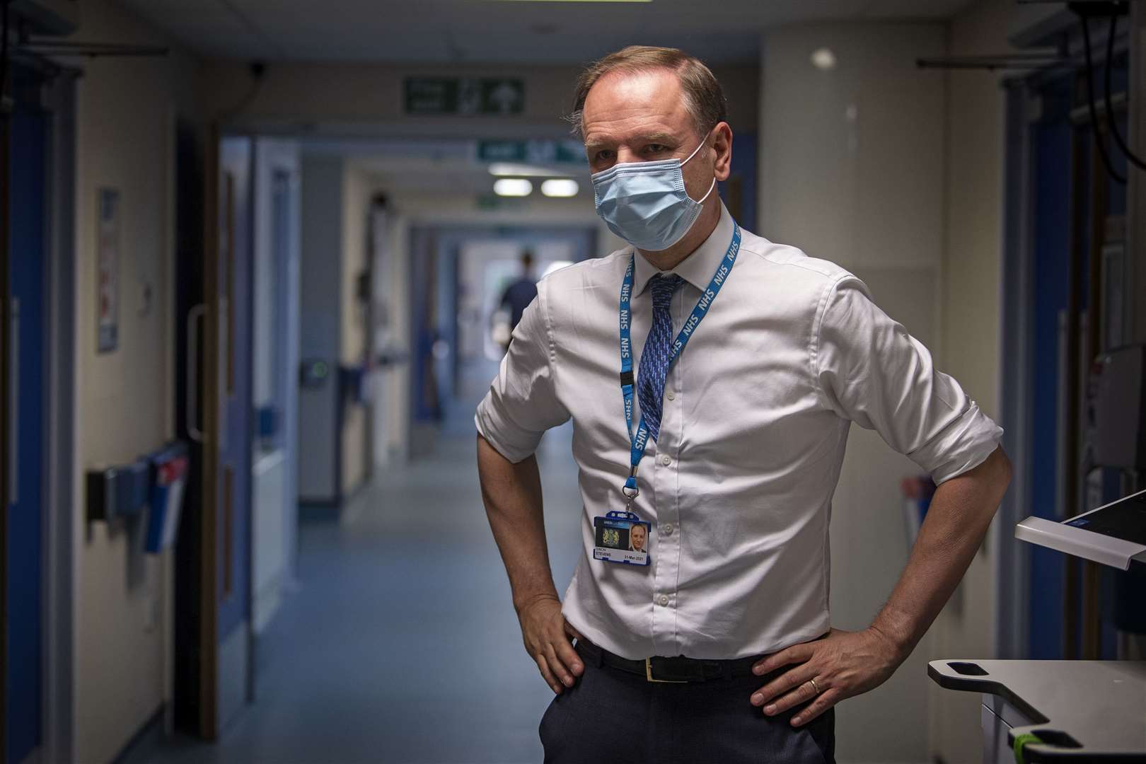 Sir Simon Stevens visiting the NHS Seacole Centre at Headley Court, Surrey (Victoria Jones/PA)