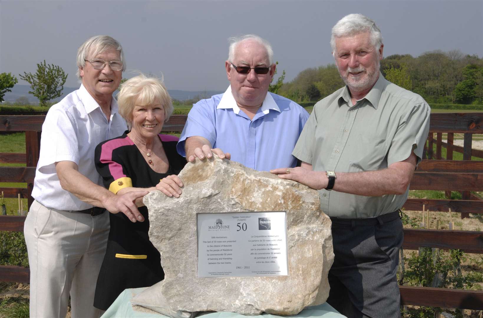 Members of Maidstone's twinning association with a plaque marking 50 years of the relationship with Beauvais. Picture: Matthew Walker