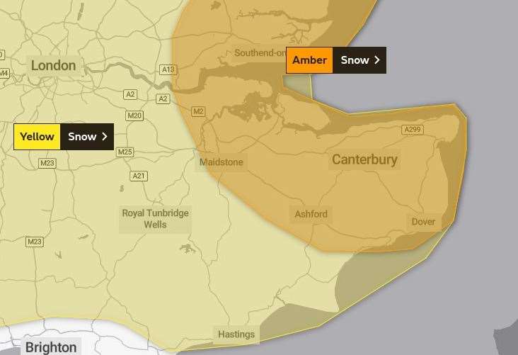 An amber weather warning has been issued for parts of Kent