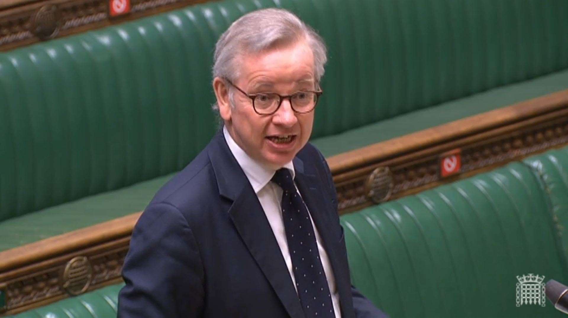 Cabinet Office minister Michael Gove answers a question from former PM Theresa May about the new national security adviser (House of Commons/PA)