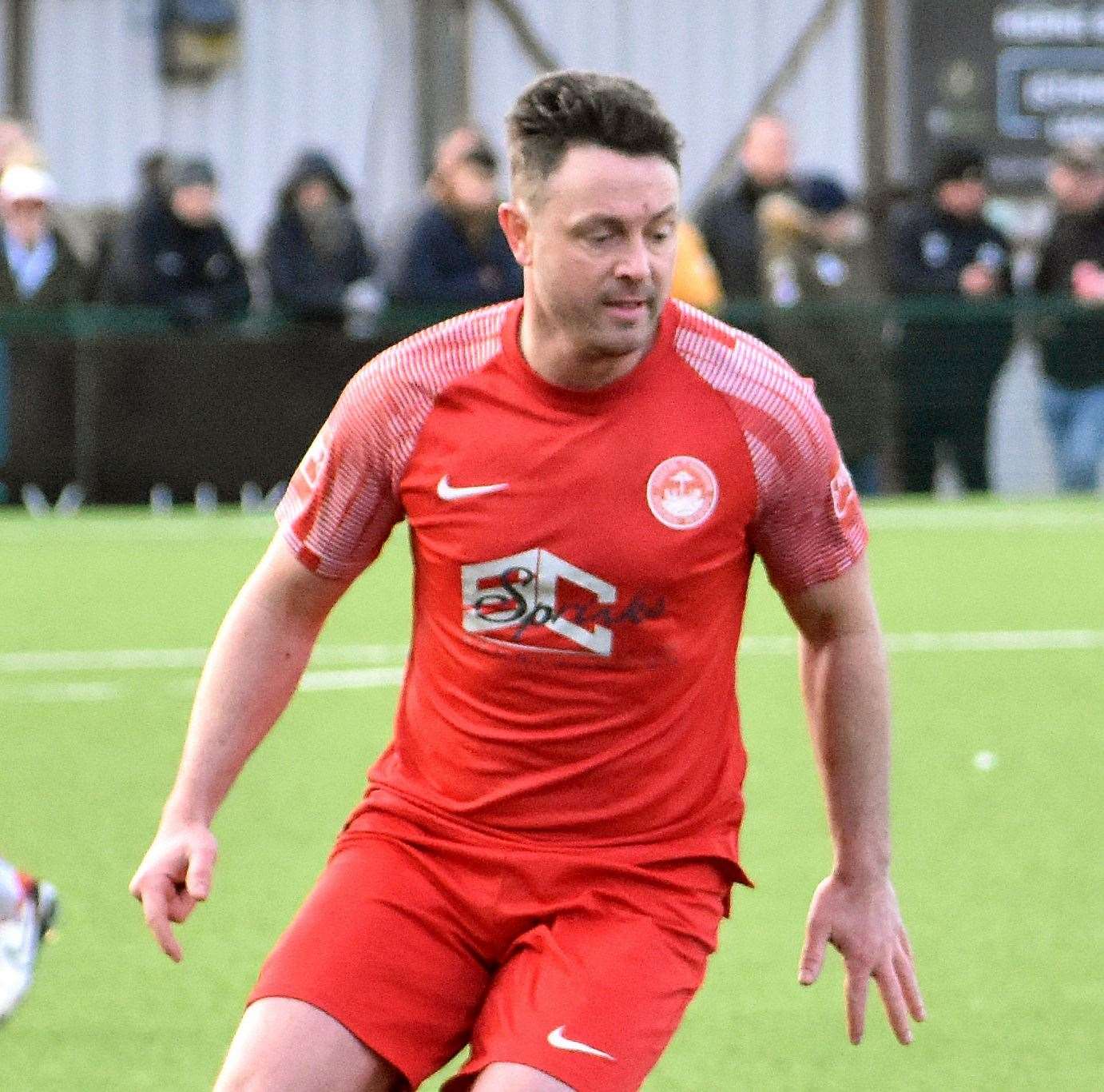 Player-coach Frannie Collin – converted a late penalty in Hythe’s 1-1 weekend draw with Three Bridges. Picture: Randolph File