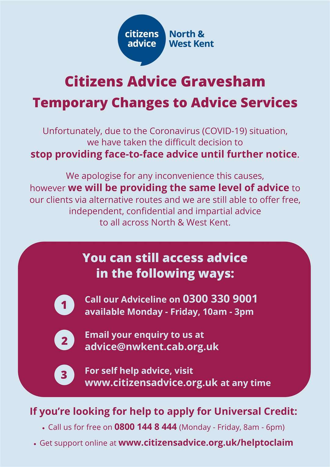 Temporary changes to Citizens Advice services in Gravesham