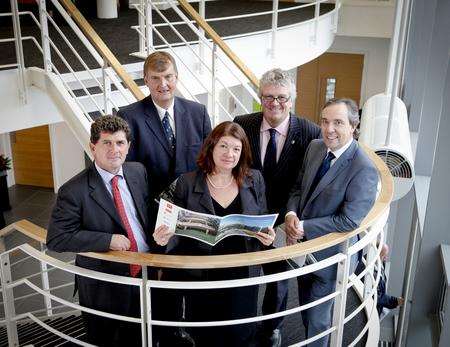 CAPTION: Launch of 2012 Kent Property Market at Kings Hill. From left: Paul Wookey (Locate in Kent), Paul Carter (KCC), Sue Foxley (Cluttons), Mark Dance (KCC) and Andrew Blevins (Liberty Property Trust).