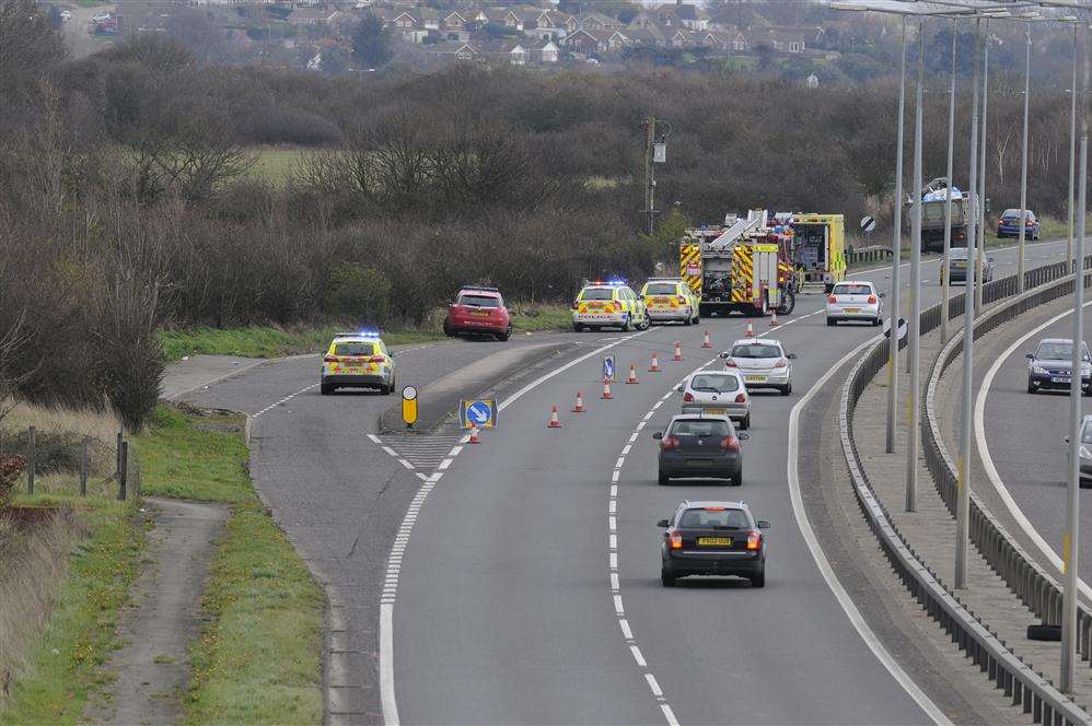 Police closed off the inside lane of the A299 near the layby near the Thornden Wood Road bridge