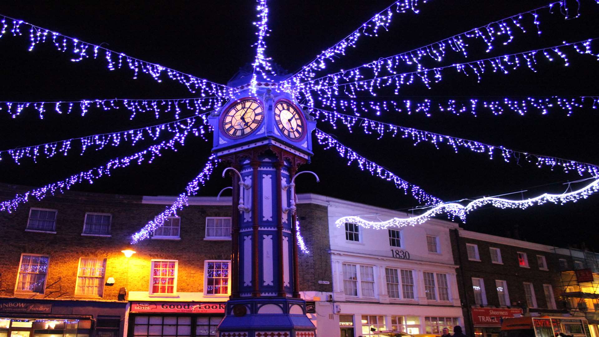 Sheerness Clock Tower lit up for Christmas