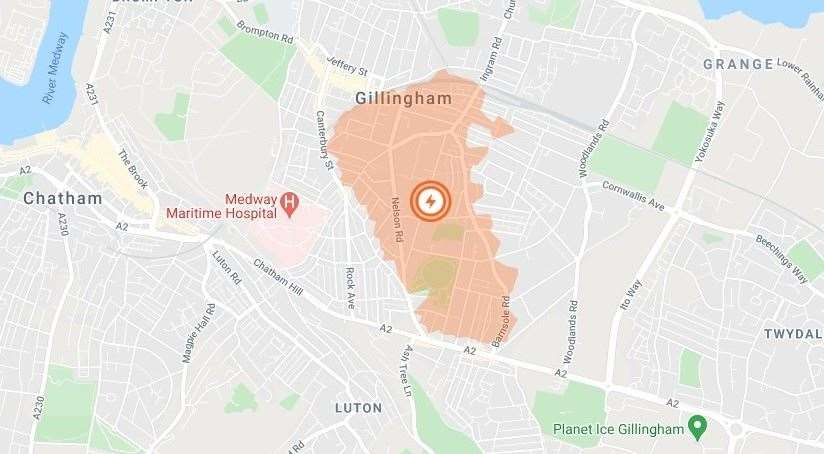 This map shows the area in Gillingham affected by the power cut. Source: UK Power Networks