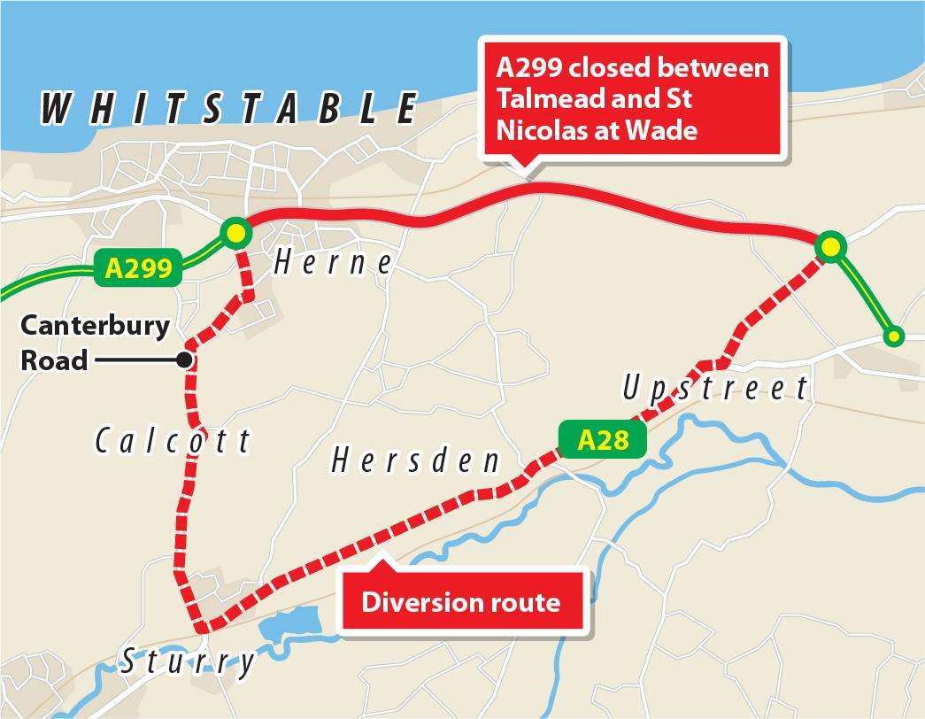 Thanet Way diversions for a month between Herne Bay and St Nicholas at Wade will be in effect until March (6985843)