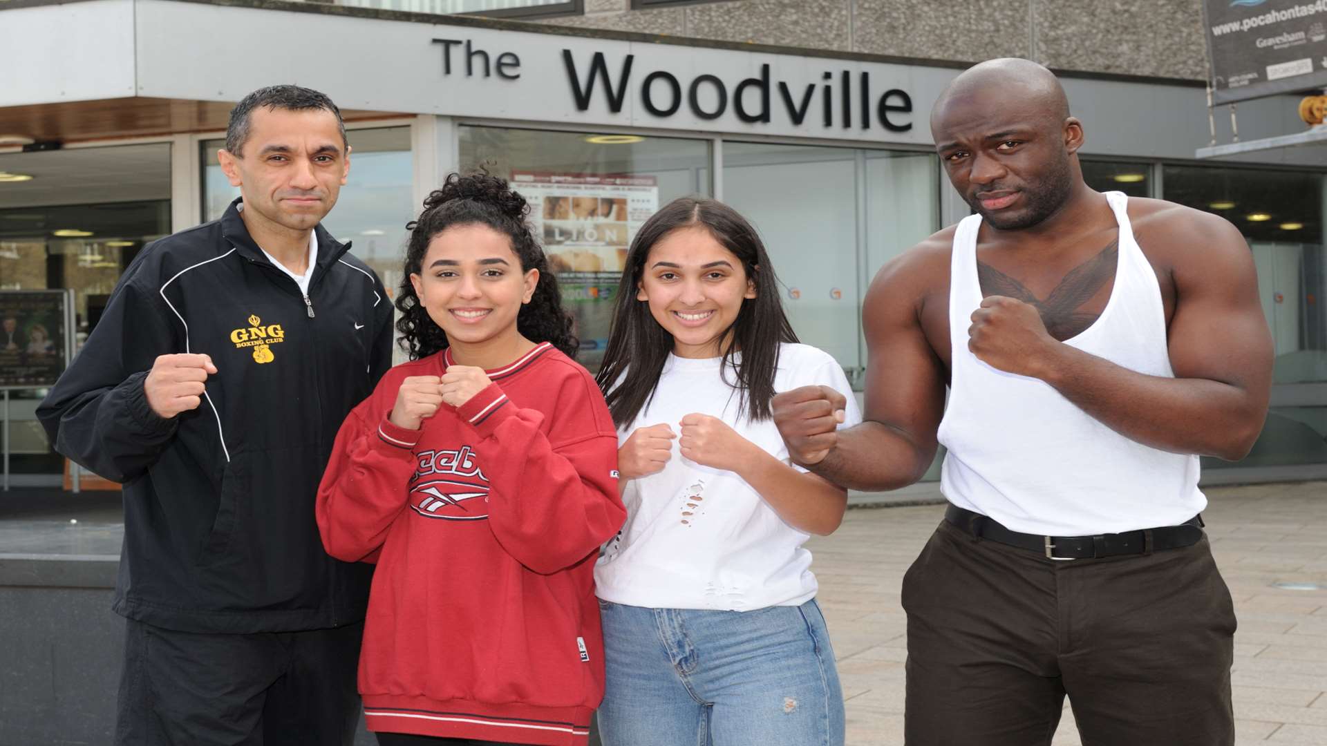L/R: Will Dale, Jasmine Dale, Jessie Dale, from GNG Boxing Club, actor Nathan Medina