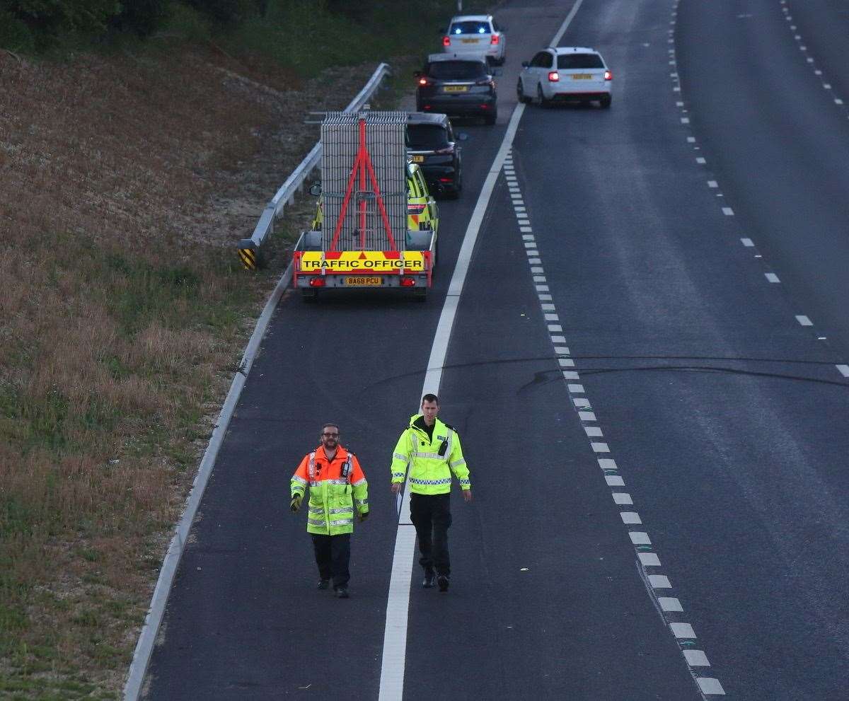 Investigation work taking place on the M20 near Ashford where a woman was found dead in the carriageway. Picture: UKNiP