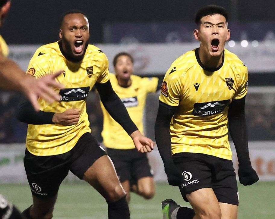 Bivesh Gurung celebrates his winning goal for Maidstone in the FA Cup against Barrow. Picture: Helen Cooper