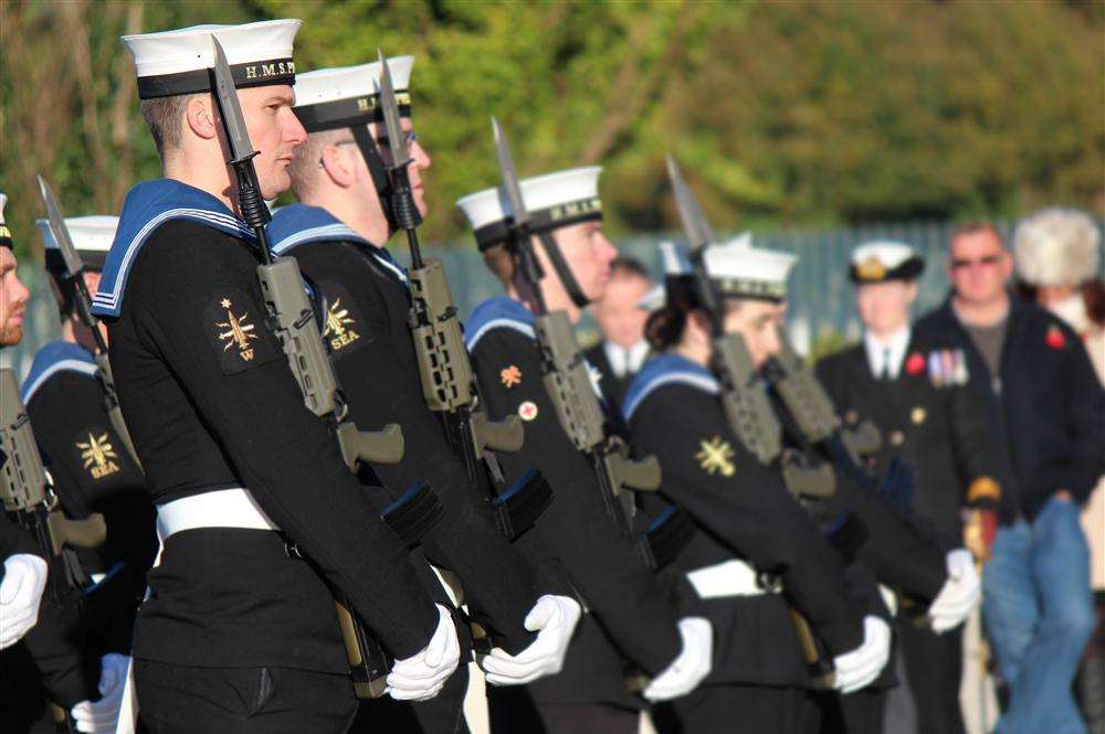 Standing silent to remember the fallen at the Great Lines in Gillingham. Picture: Darren Smal