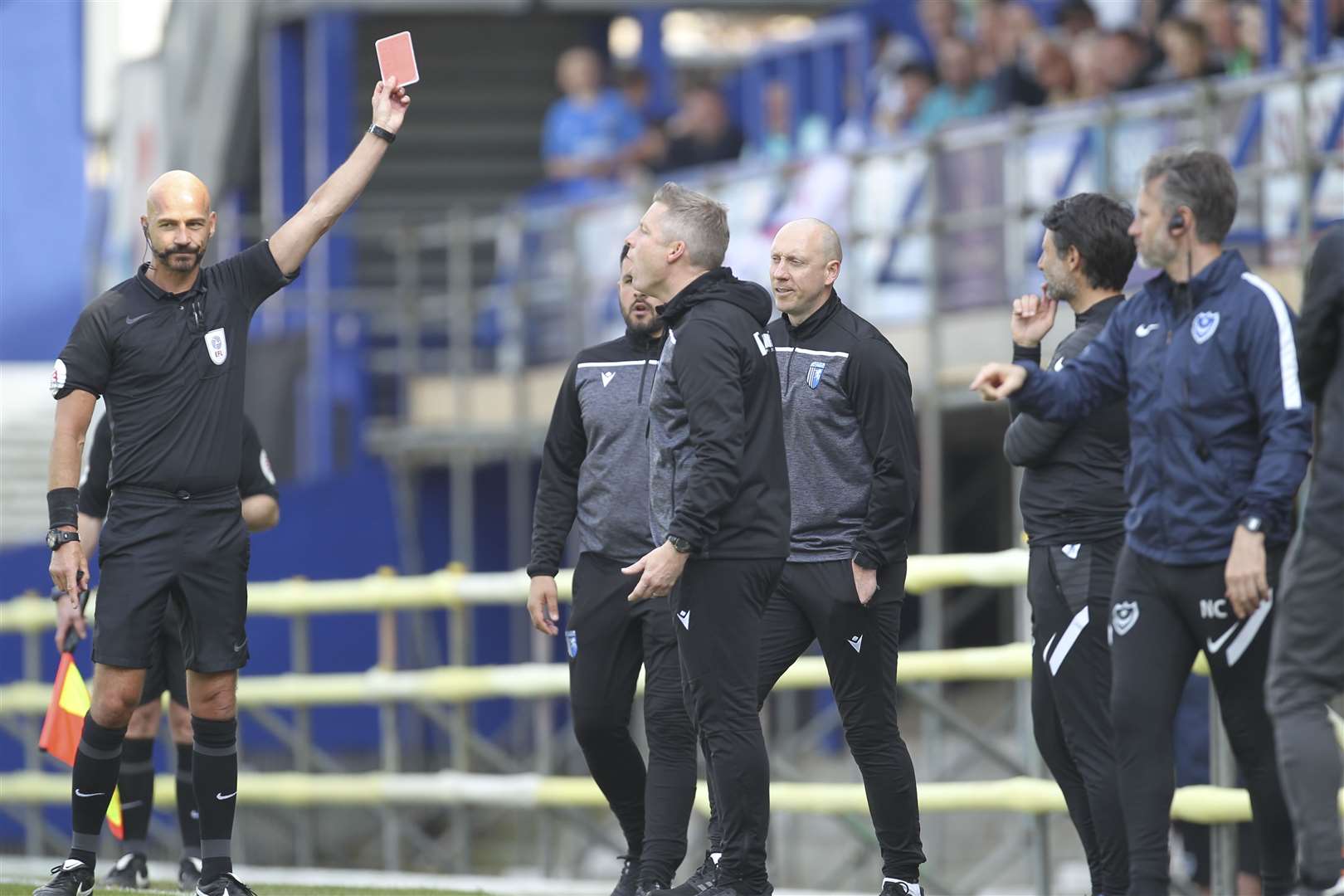 Gills boss Neil Harris red card is shown a red card at Portsmouth by referee Darren Drysdale. Picture: KPI
