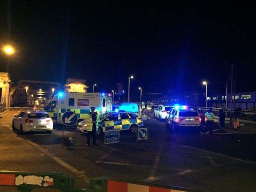 Police cordoned-off Rochester Bridge on Friday night - it reopened at 5am on Saturday