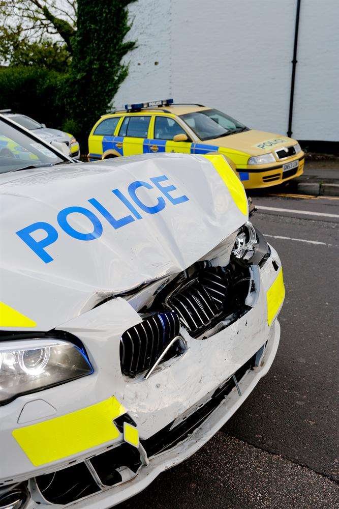 The crumpled police car along the A26 in Barming
