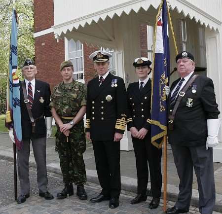 Left to right. Robin Green, Sgt Maj John Charlton TA, Admiral Sir Ian Garnett, Lt Suzanne Wood RNR and Les Skinner.