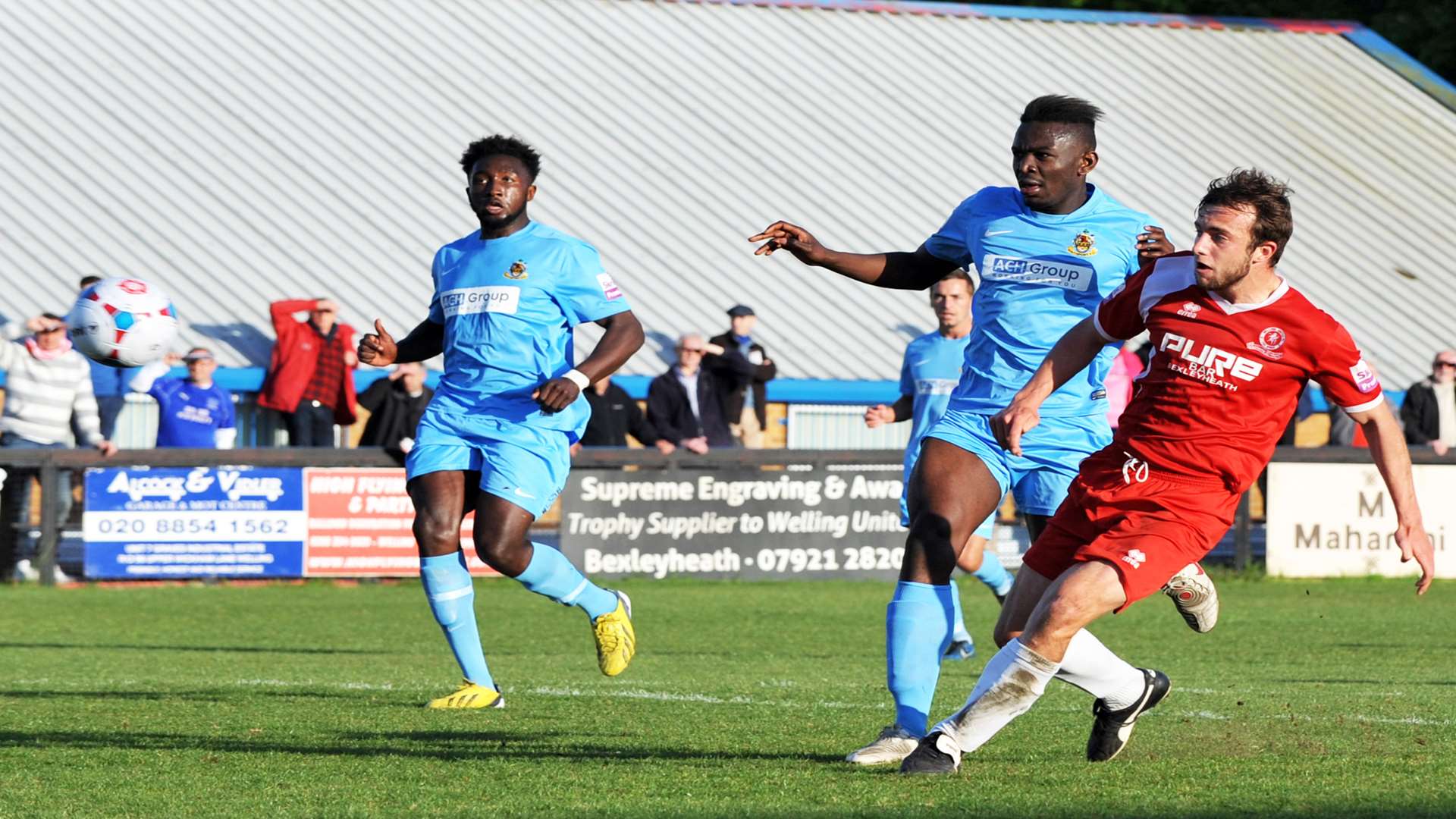 Jake Gallagher scores Welling's third goal against Southport. Picture: David Brown