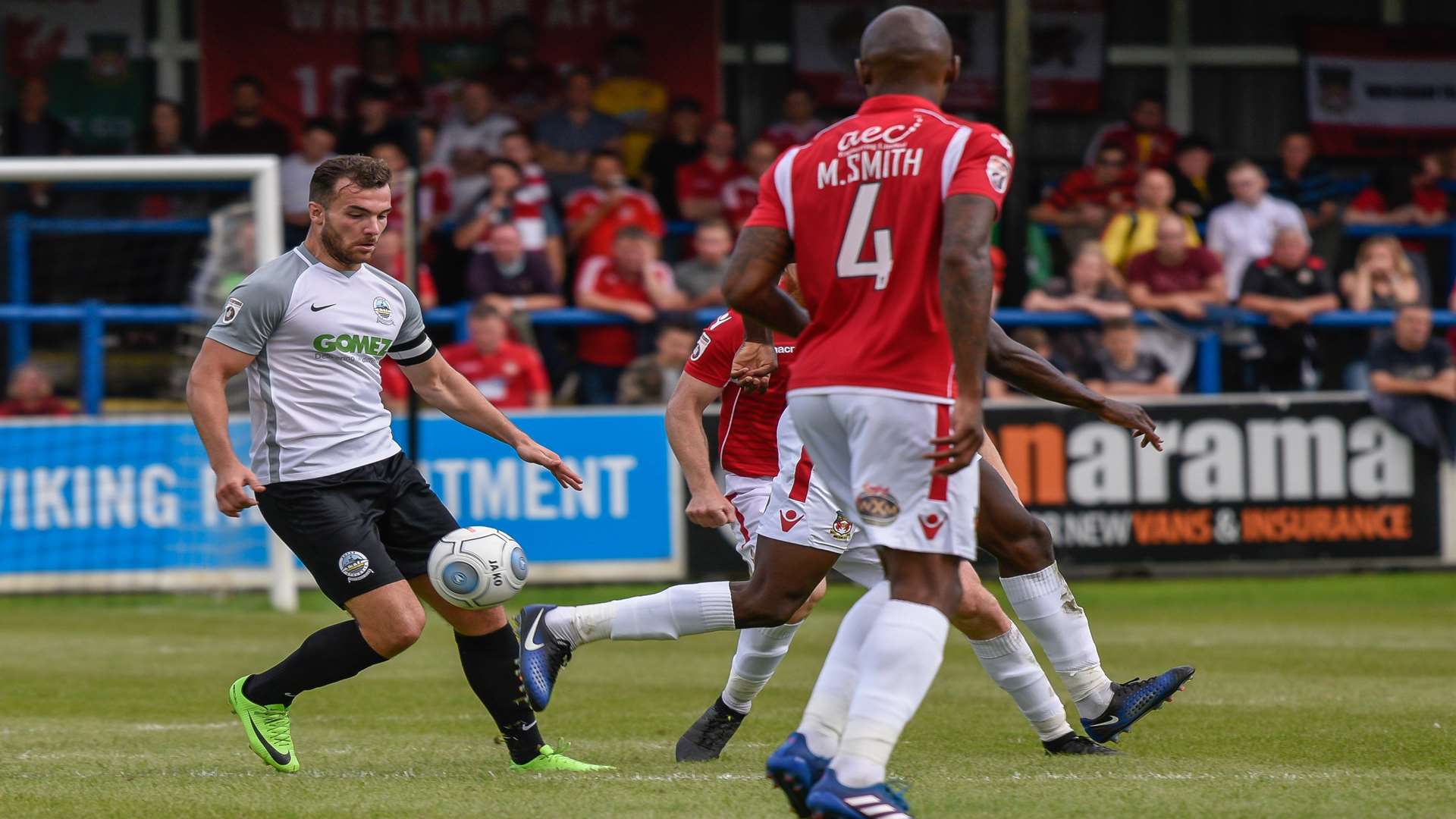 Mitch Brundle on the ball during the 1-0 win over Wrexham at Crabble in August Picture: Alan Langley