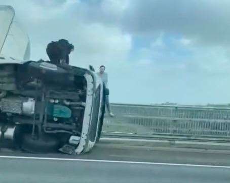 A lorry has toppled over on the M2 bridge Picture: Claire White