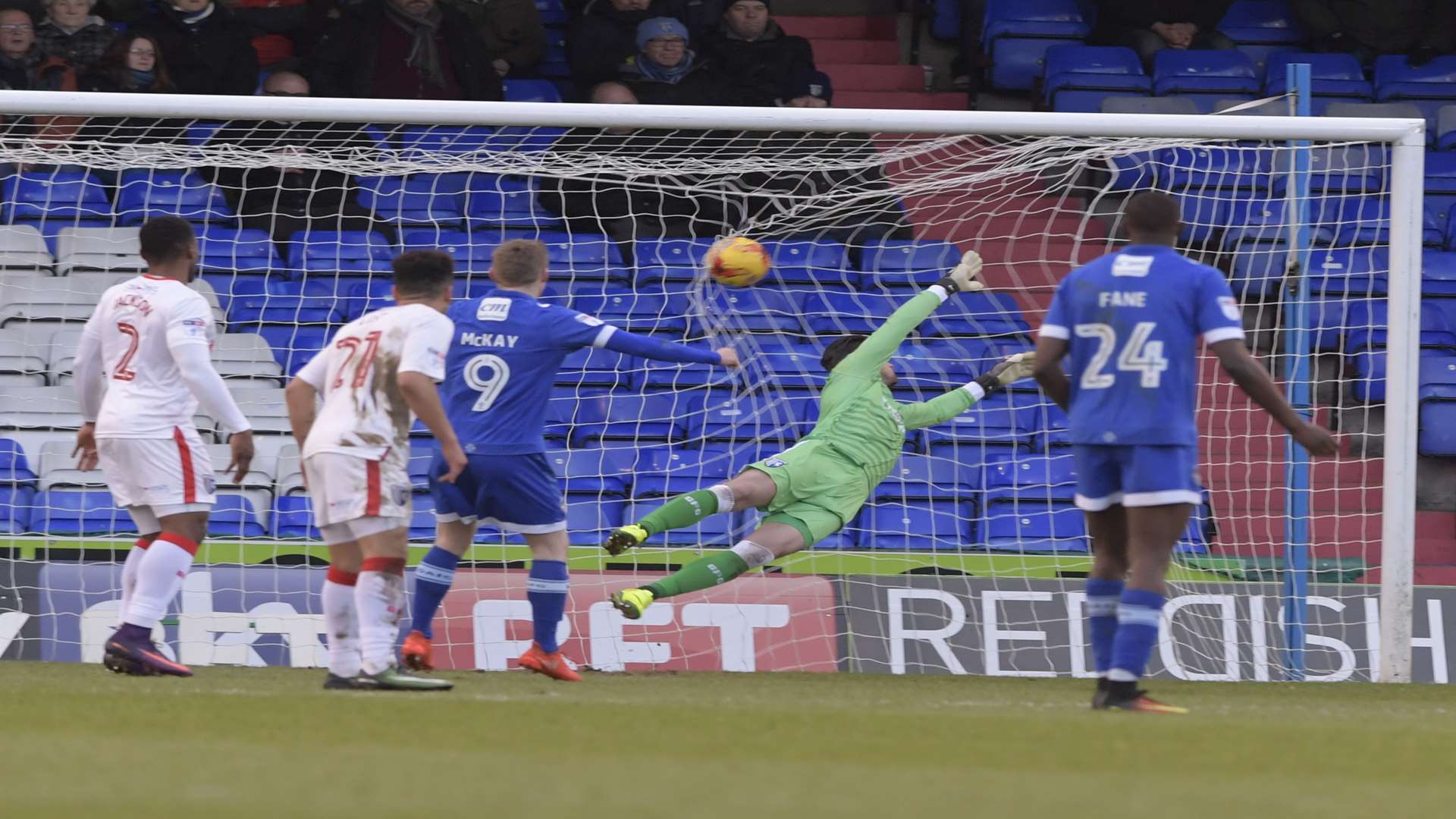 Gillingham concede a goal at Oldham Picture: Barry Goodwin