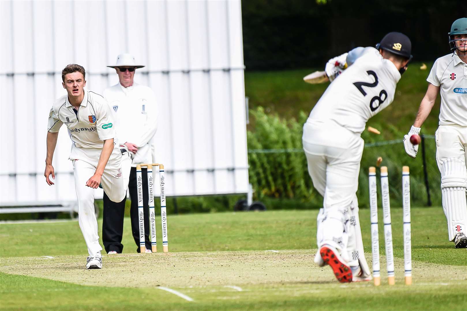 Sandwich's Ben Mills bowls Lordswood's Ed Taylor. Picture: Alan Langley