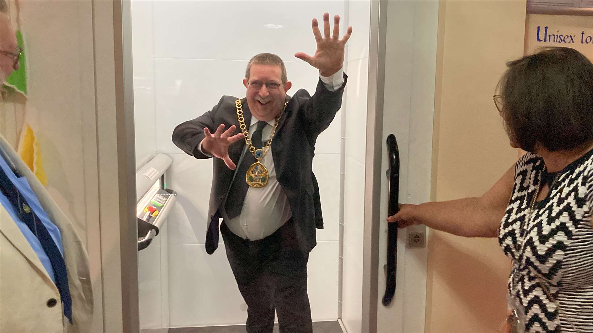 Swale mayor Simon Clark jokingly trying to get out of new lift at the Criterion Theatre