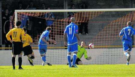 Folkestone Invicta keeper Jack Delo saves Frannie Collin's penalty in the 0-0 draw against Tonbridge Angels