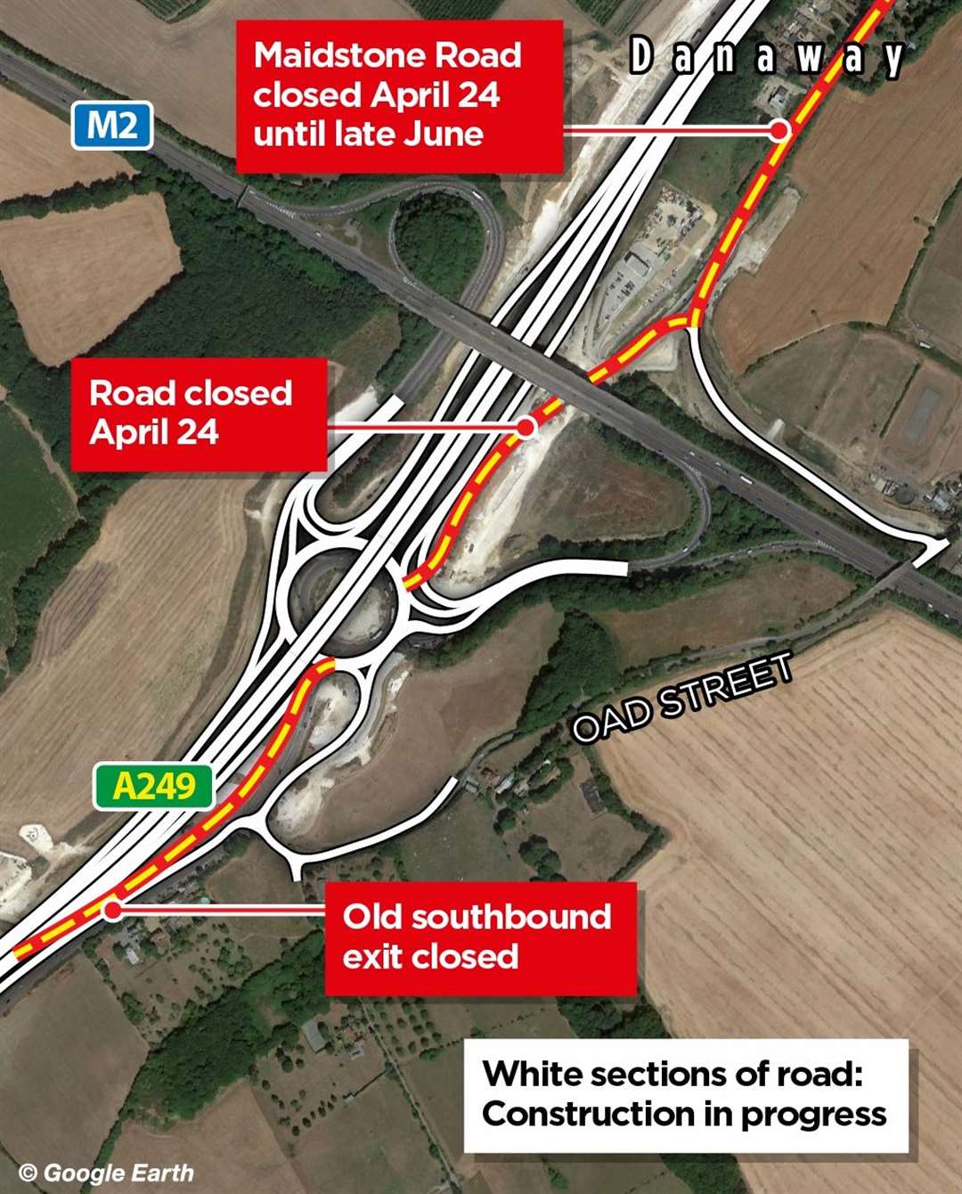 Maidstone Road and Chestnut Street are going to be closed for two months as work continues on the Stockbury Roundabout