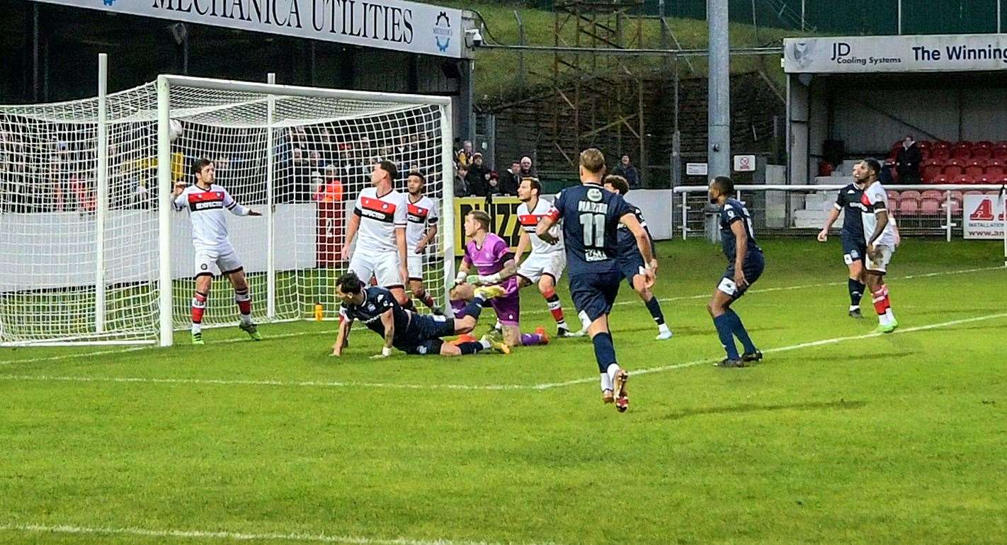 Alfie Pavey scores to put Dover ahead in their New Year's Day home loss to Dulwich. Picture: Stuart Brock
