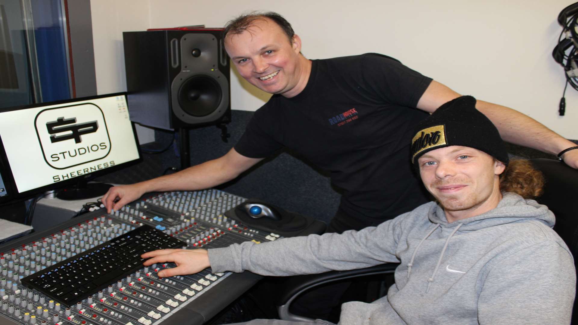 Moses McGeorge with Darren Cast in the Roadhouse Recording Studio, Sheerness