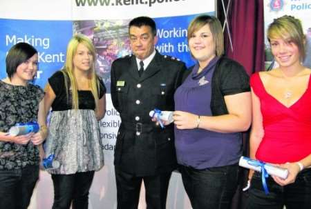 Clarendon House students (l-r) Jordan Fleet, Kerry Mills, Beckie Cooper and Hannah Wendholt with Chief Supt John Molloy