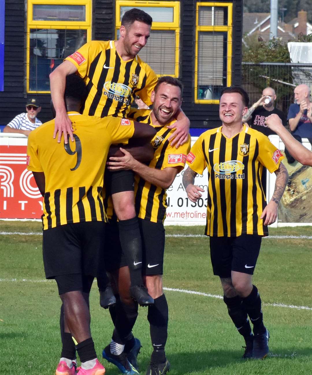 Folkestone celebrate Ian Draycott's 142nd goal - a club record - during their 3-3 Isthmian Premier League draw with Potters Bar last weekend. Picture: Randolph File