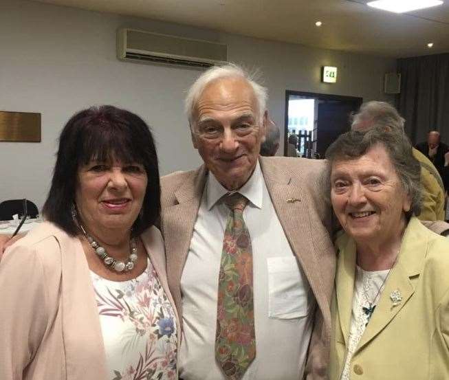 Roy Hudd with audience members of the Oasthouse Theatre, Jacky Caston and Pamela Barton