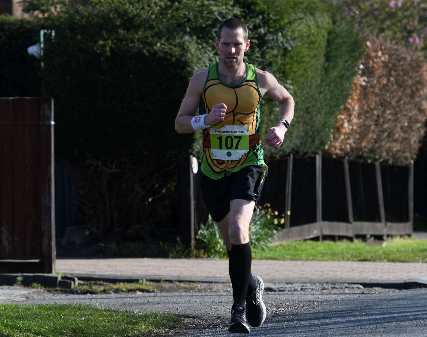 Lee Rogers stormed to victory in the marathon in a rather eye-catching outfit. Picture: Barry Goodwin