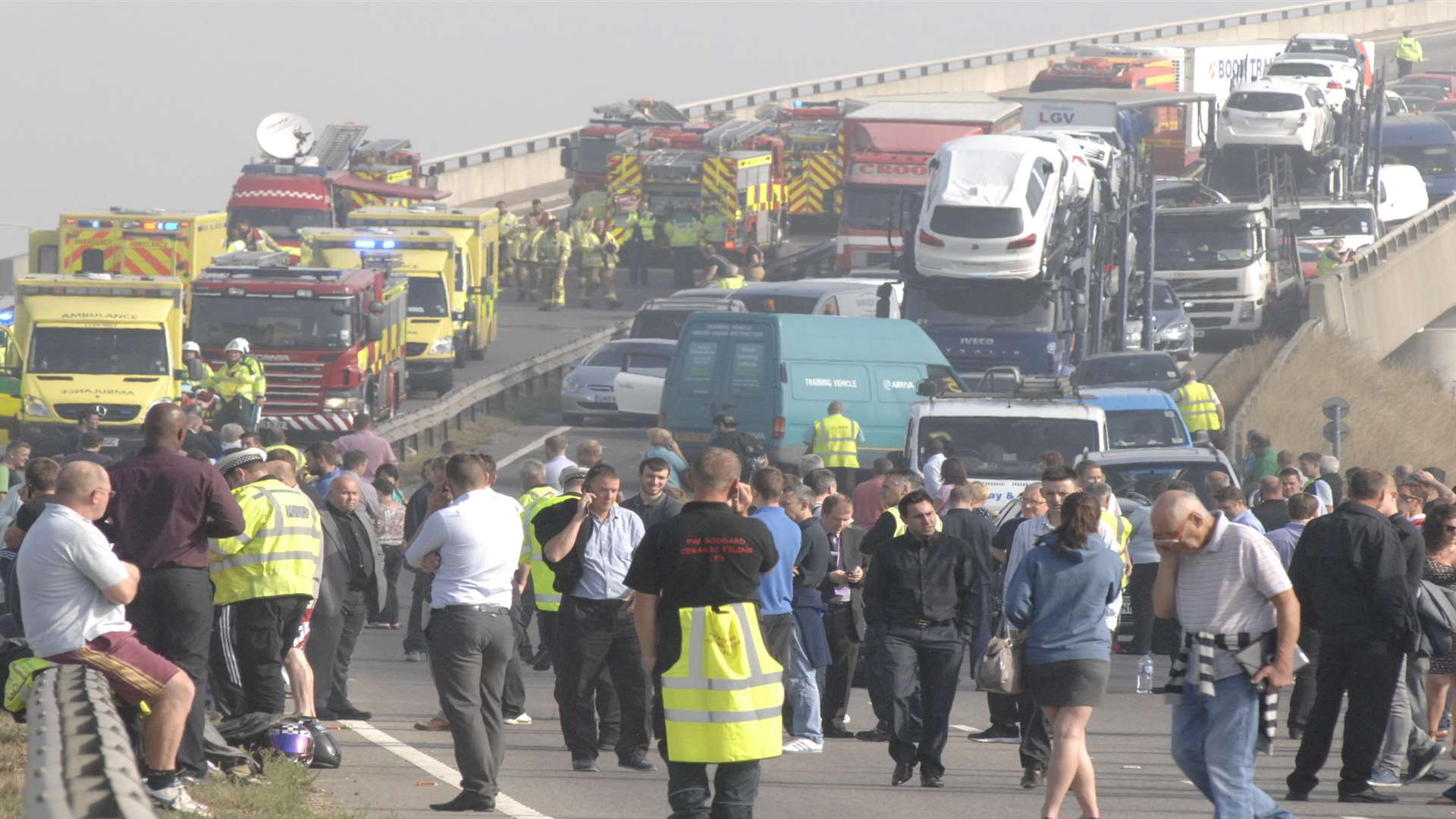 Emergency vehicles flank the scene of the crash on the Sheppey Crossing