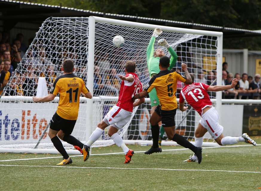 Alex Wynter heads home Maidstone's equaliser Picture: Andy Jones