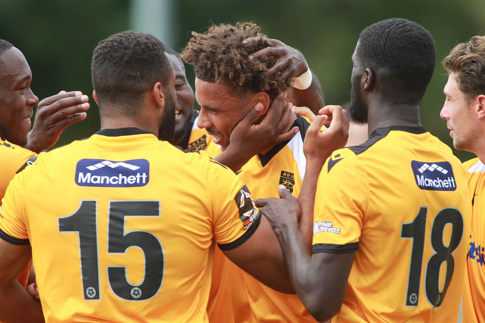 Jonny Edwards is congratulated after giving Maidstone a 1-0 lead against Havant Picture: John Westhrop