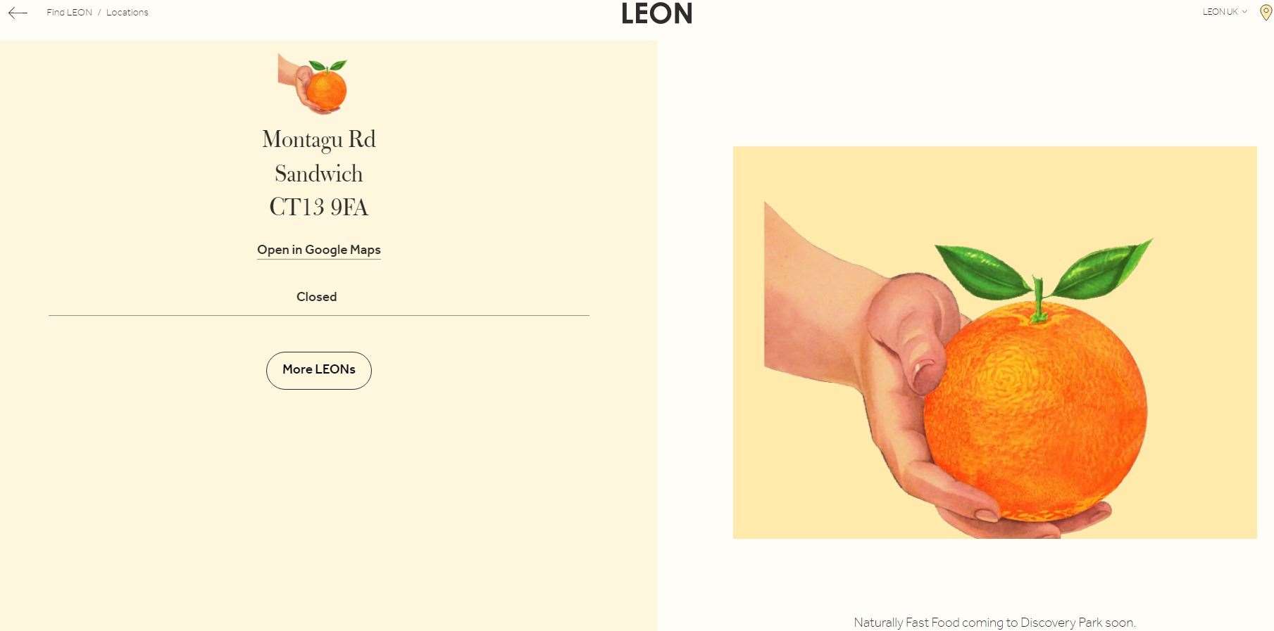 Leon's website says the Sandwich location is coming soon. Picture: Screengrab from Leon