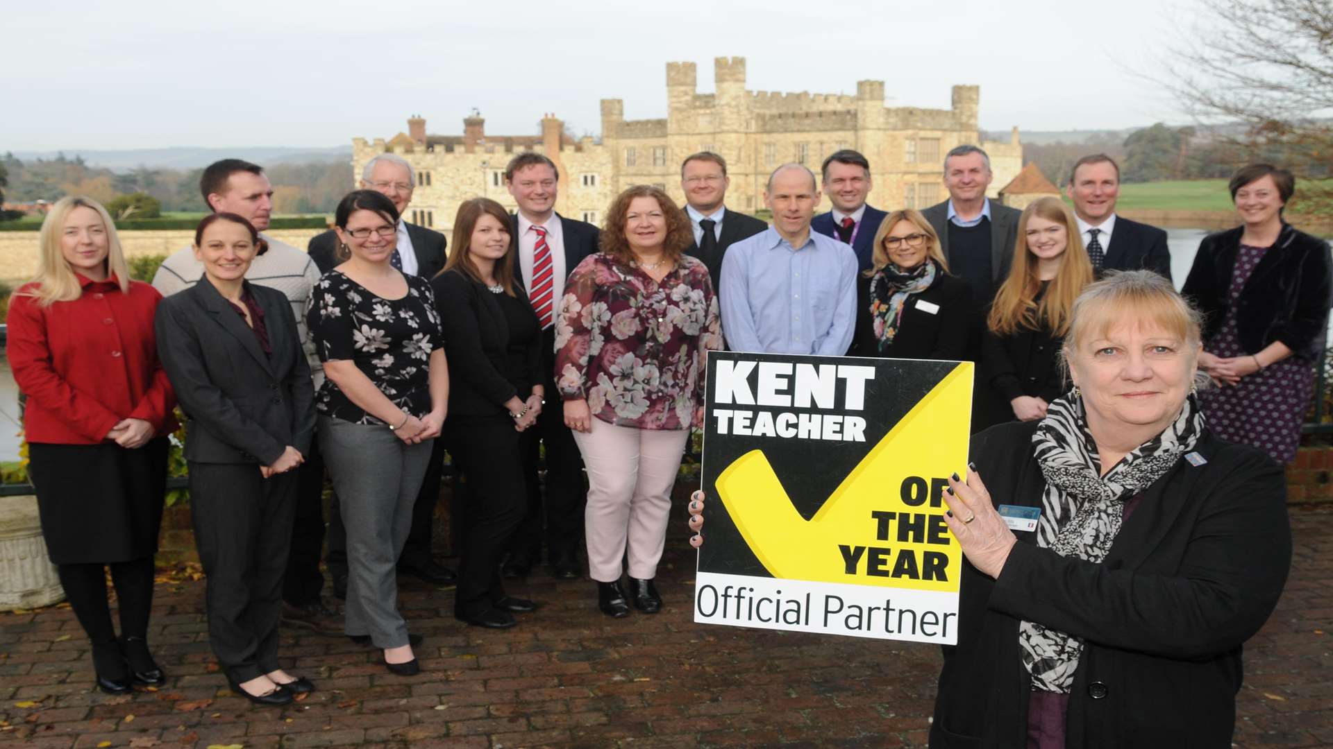 Helen Ellis (front) of Leeds Castle announces support of the Kent Teacher of the Year Awards. Joining her at Leeds Castle were Sally Williamson and Peter Heckel (Project Salus), Amy Woods (3R's), Rebecca Smith (Social Enterprise Kent), Mike O'Brien (Medway Council), Carolyn Dool (Kent Sport), Alex Ffrench and Alyson Howard (William Giles Chartered Accountants, Colin Smith (Brachers Law), Gavin Mountjoy (School of Physical Sciences), Craig Garton (CXK), Catherine Carden (Canterbury Christchurch), Martin Ridout (School of Mathematics, Statistics and Actuarial Sciences), Dr Anthony Baines (School of Biosciences) and Nicola Podd (SELT).