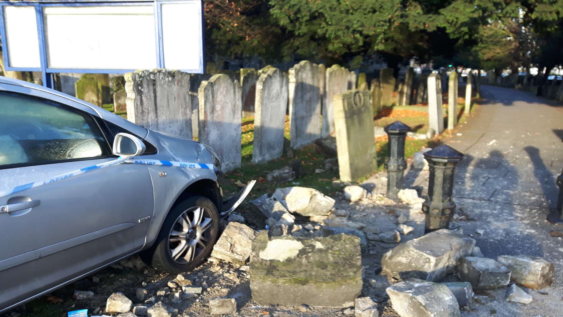 A car has crashed at All Saints graveyard