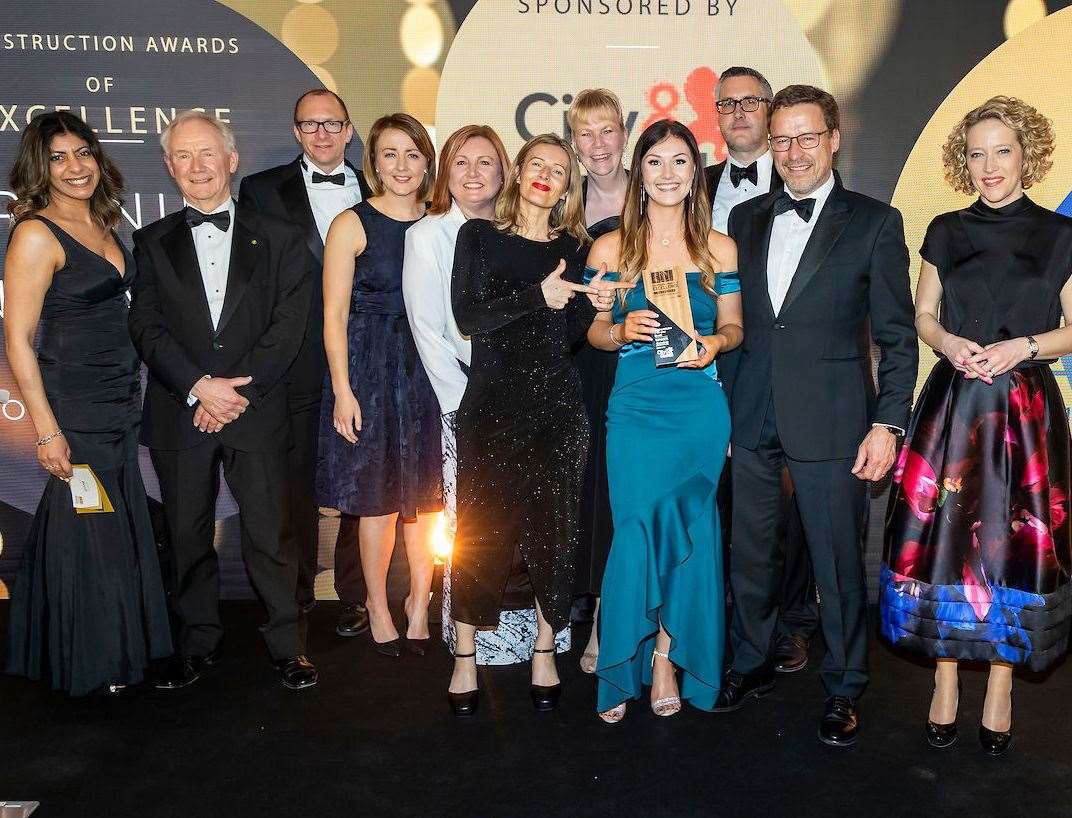 Baxall Construction celebrate their double award success with Channel 4 News' Cathy Newman, far right