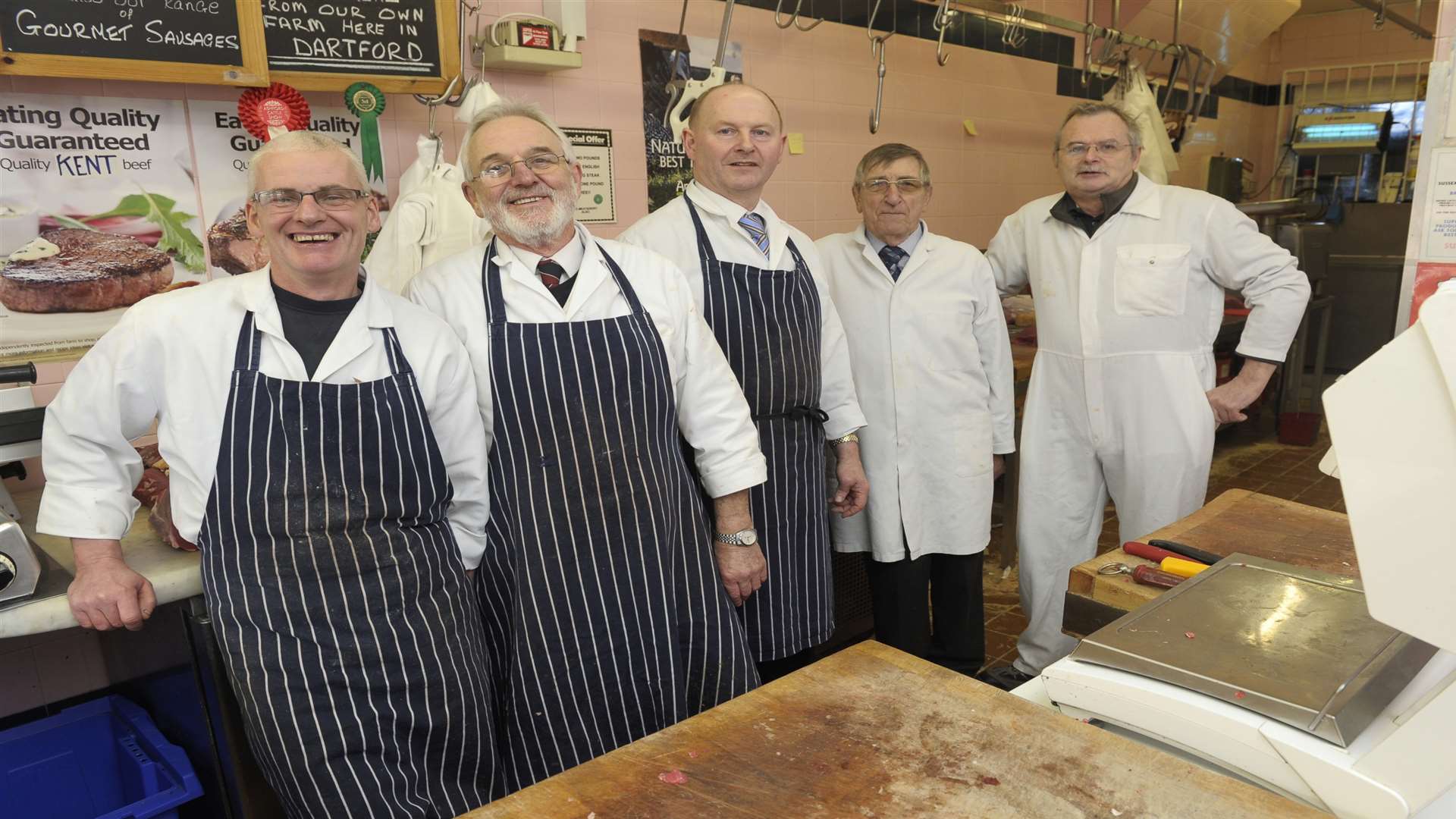 From left, Barry Elphick, Pavid Pritchard, Ray Richardson, David Giles, and Paul Richardson. Last day open for Richardson and Sons butchers, Lowfield Road, Dartford, as its is forced to close because of the new Tesco development.