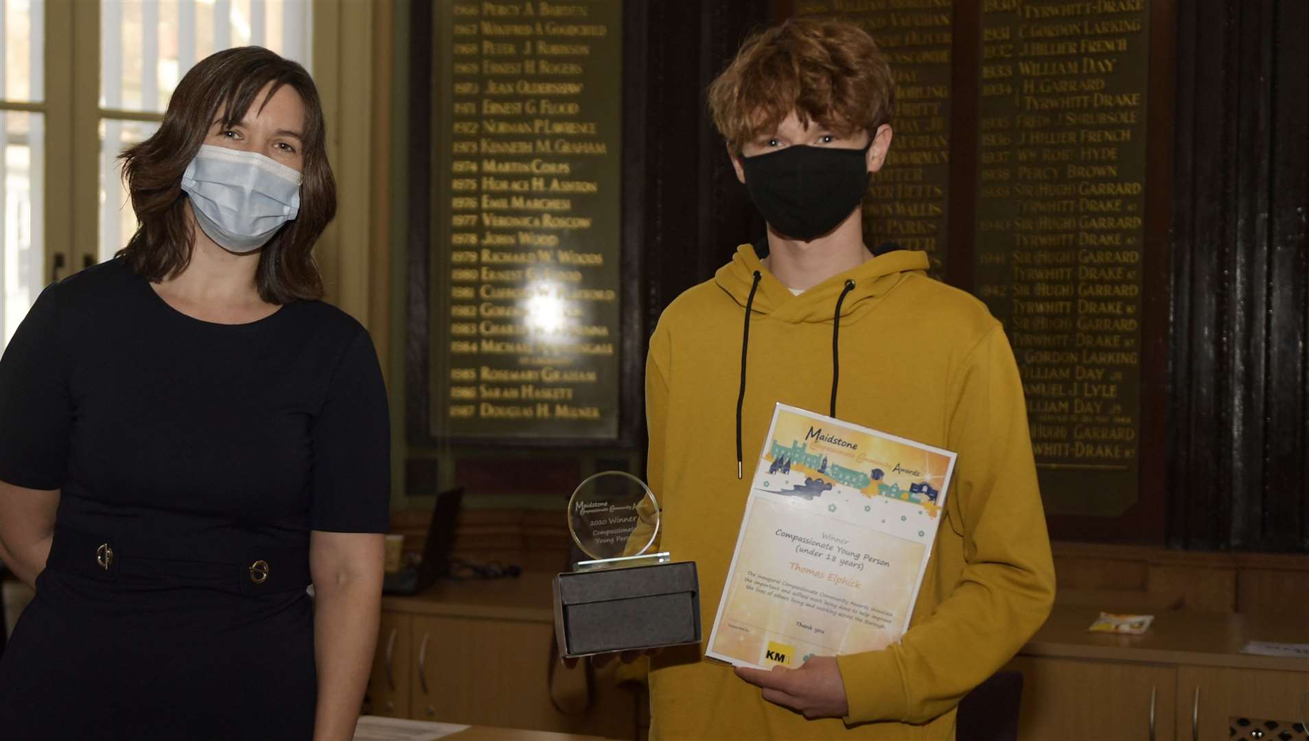 Mary Graham the Deputy Editor at the Kent Messenger presented Thomas Elphick with the compassionate young person award. Picture: Barry Goodwin