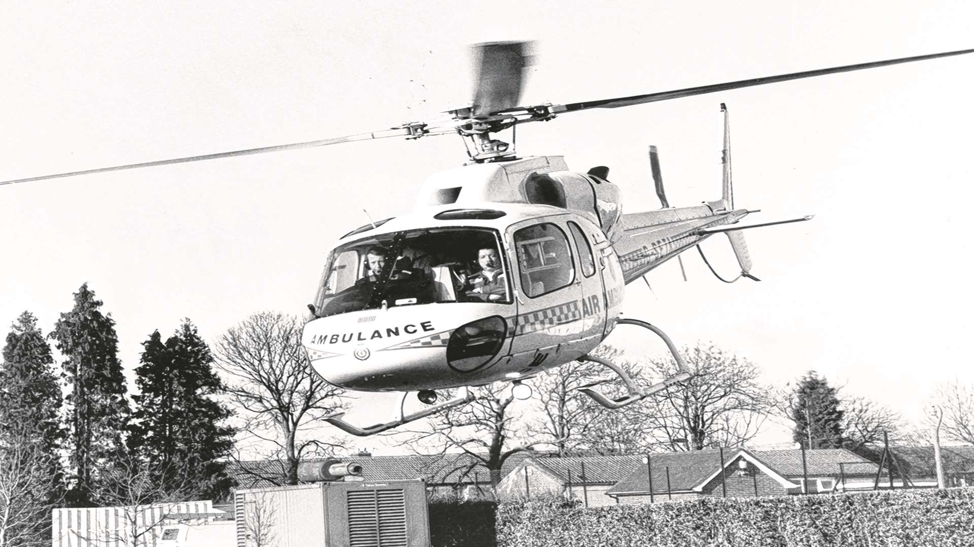 A Kent Air Ambulance helicopter in action During a press launch at Great Danes Hollingbourne in 1990