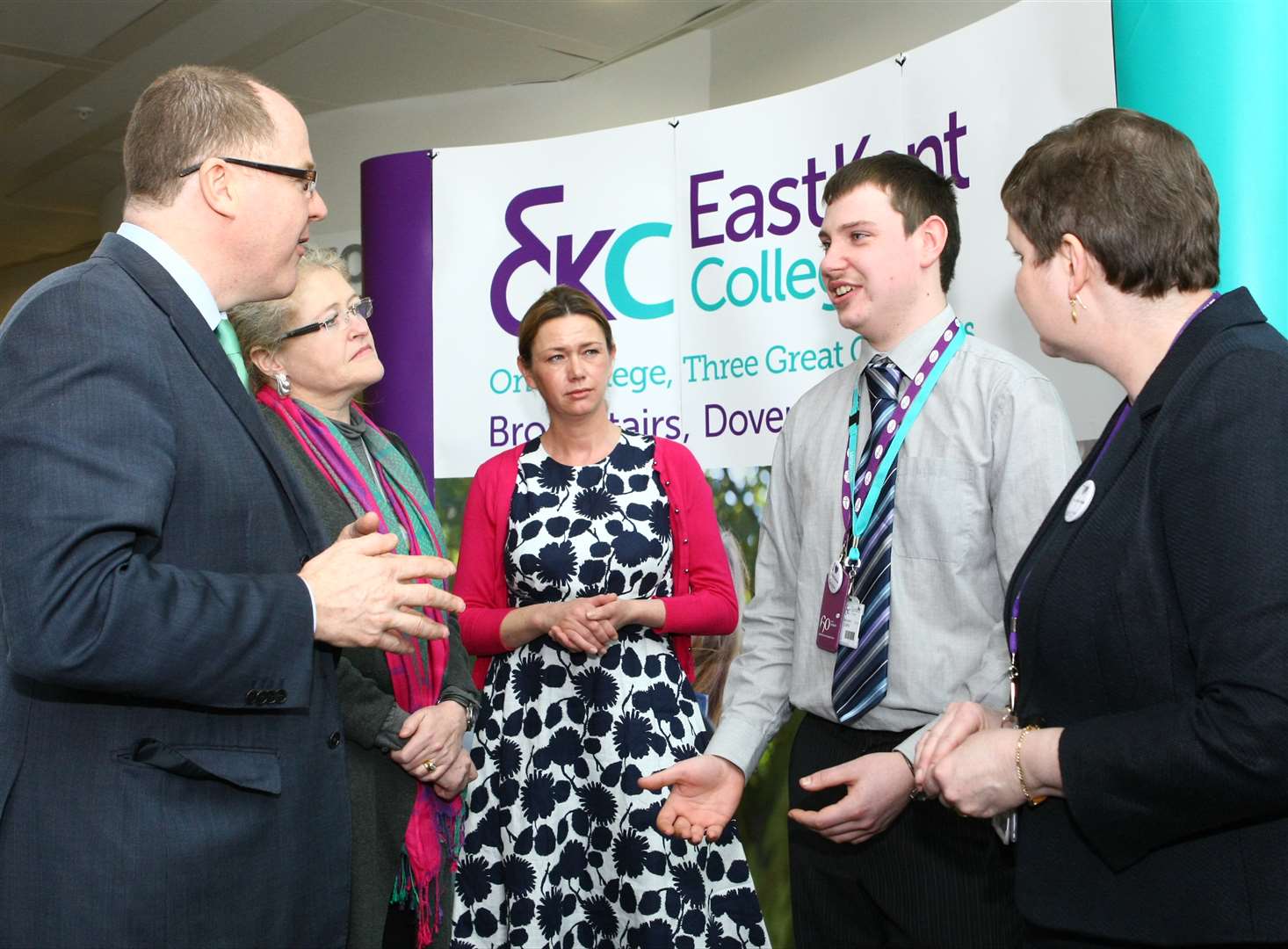 Minister for life sciences George Freeman with MP Laura Sandys, Discovery park project manager Kimberley Anderson and East Kent College's head of apprenticeships Jan Chandler with a young apprentice.