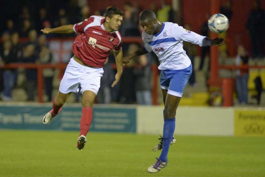 Michael Thalassitis goes close with a header for Ebbsfleet (Pic: Andy Payton)