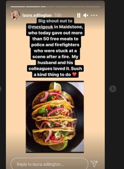 The message of thanks on Gravesend-born Laura Adlington's Instagram story to Maidstone restaurant Mexigo. Picture: Instagram / @laura.adlington