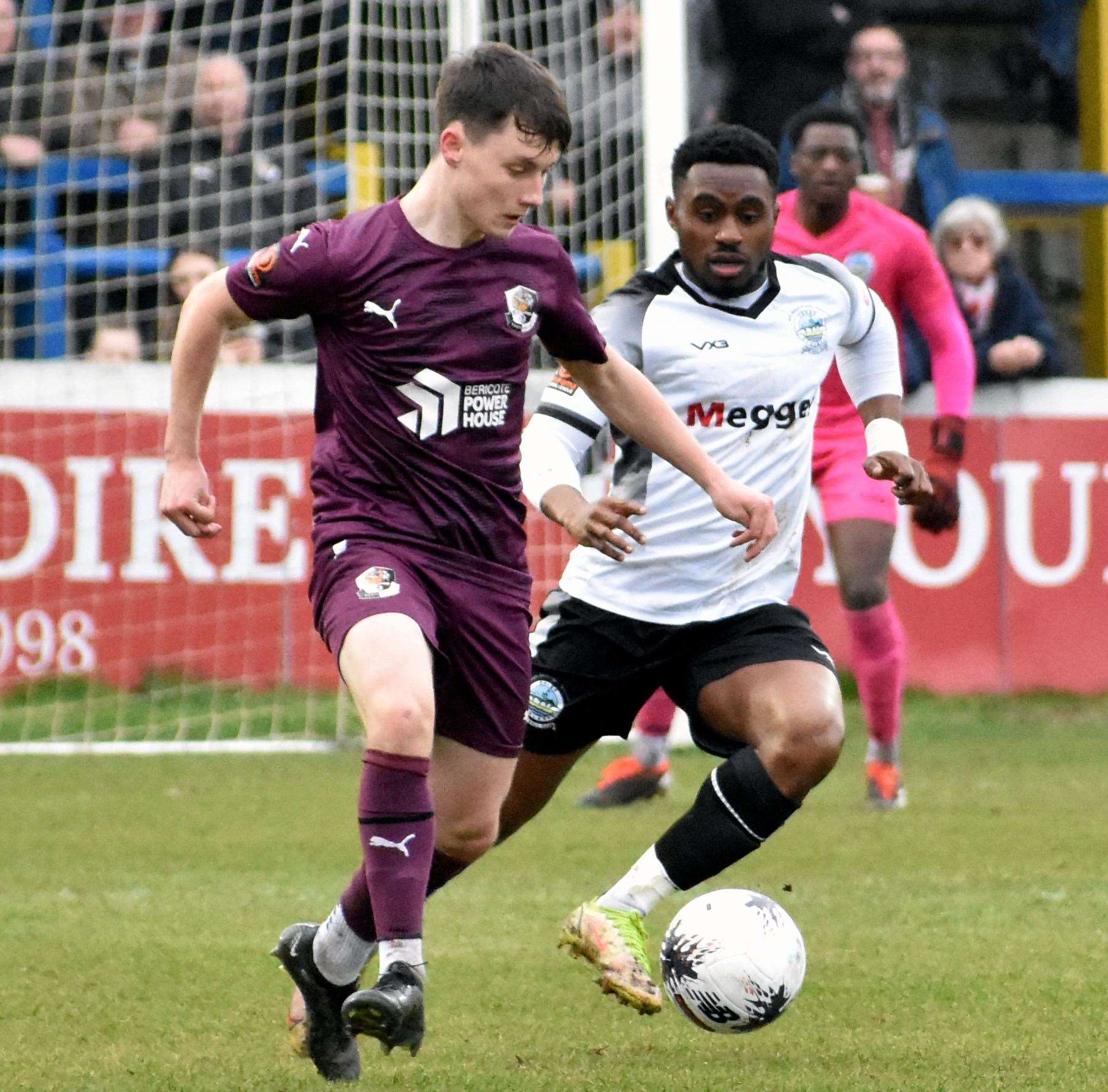 First-half Dartford scorer Olly Box is closed down during their 2-1 National League South win at Dover on Saturday. Picture: Randolph File