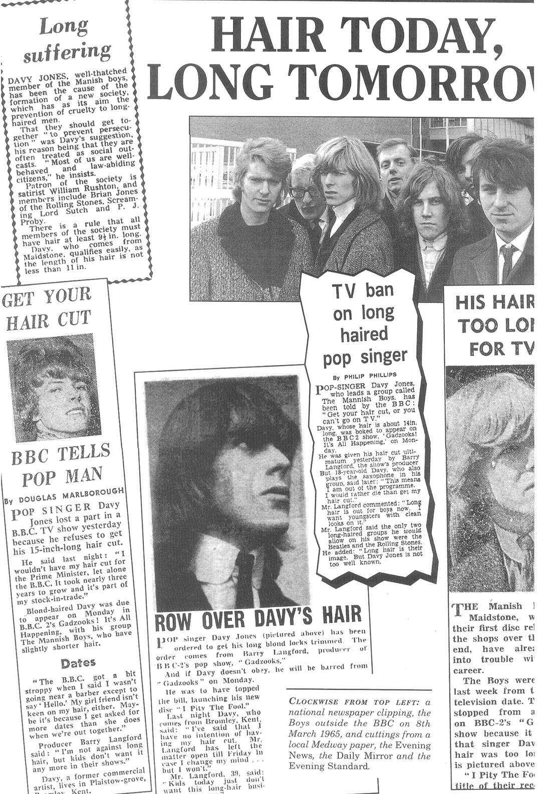 A selection of press cuttings from the 1960s about the boys' hair, collected by the band's drummer Mike Whitehead
